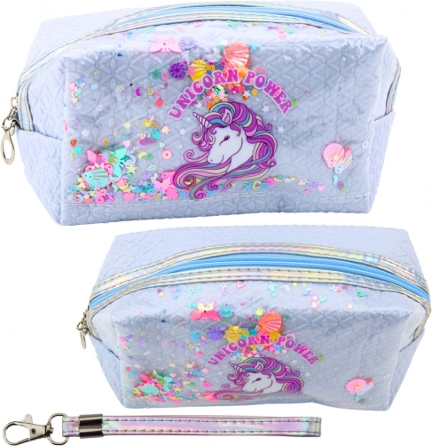 Fairytale school pencil case with unicorn and confetti, blue, 20 cm
