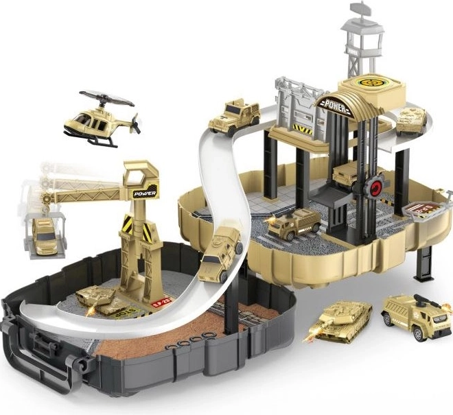Military station with 2 toy cars in a backpack