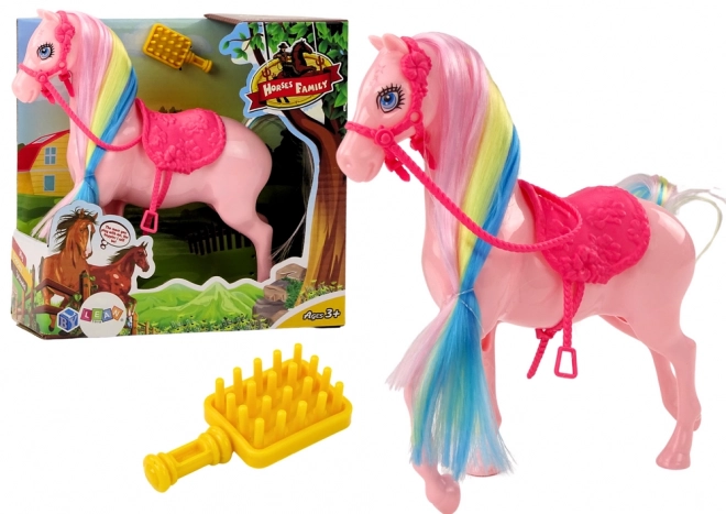 Colorful Mane Horse Toy with Pink Saddle and Brush