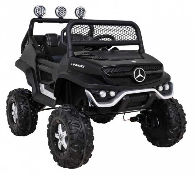 Mercedes Benz Unimog pro děti černý + pohon 4x4 + dálkové ovládání + zavazadlový prostor + pomalý start + MP3 LED