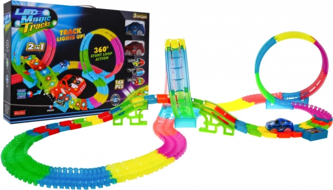 Lichtgevende racebaan voor kinderen 3+ met LED-autootjes, 360° loops, verhoogde secties, 166 onderdelen