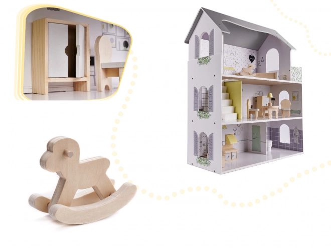 Wooden Dollhouse with Furniture Gray