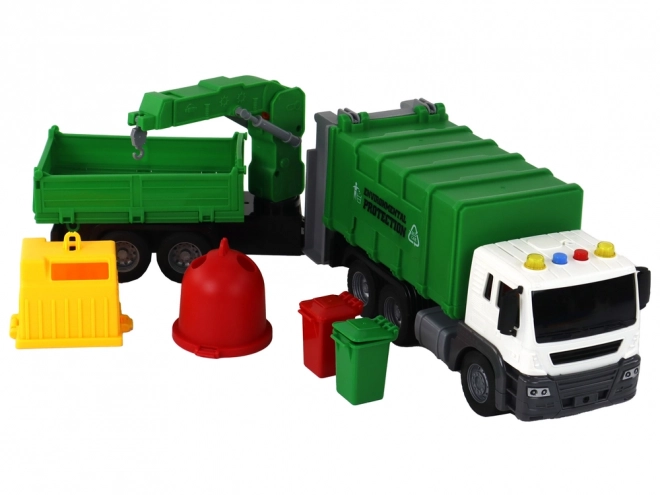 Green Friction-Powered Garbage Truck with Crane 1:16 Scale