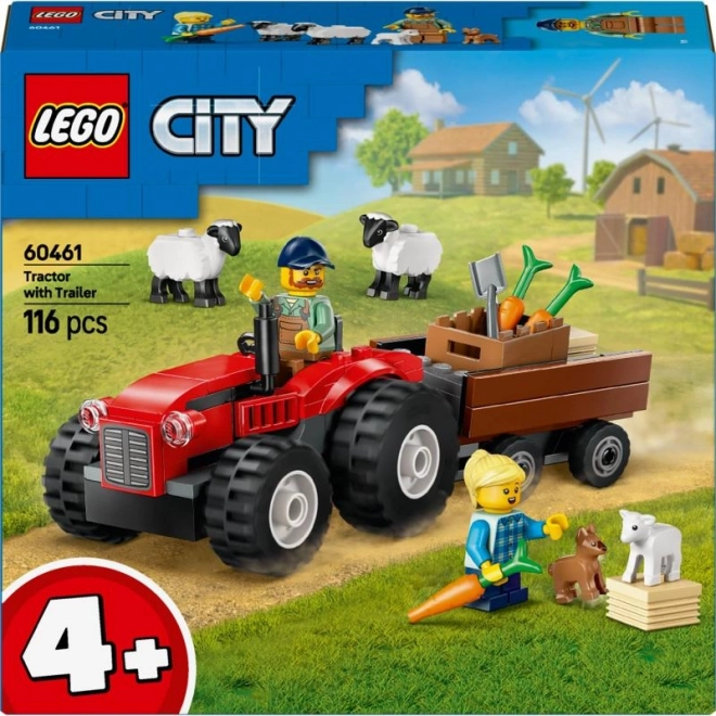 red tractor with trailer and sheep