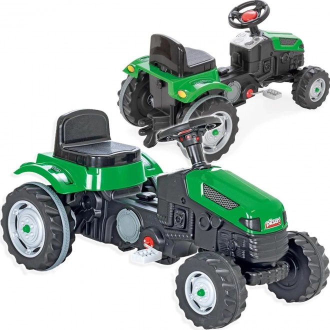 Green pedal tractor ride-on with steering wheel