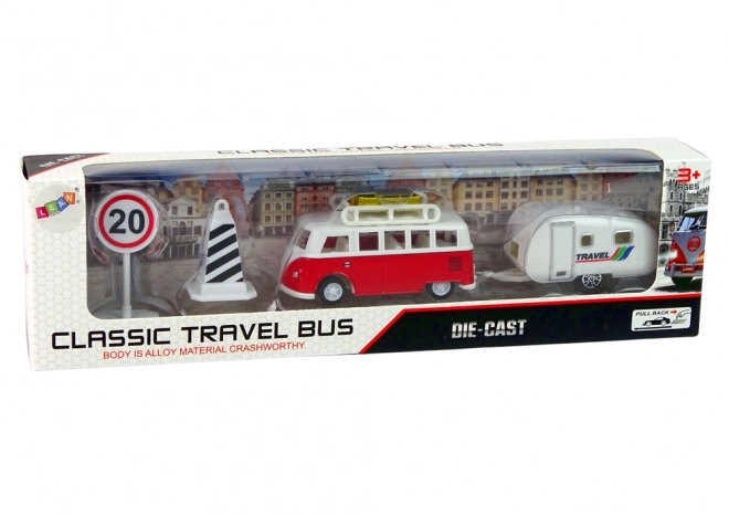 Red Bus and Camping Trailer Set