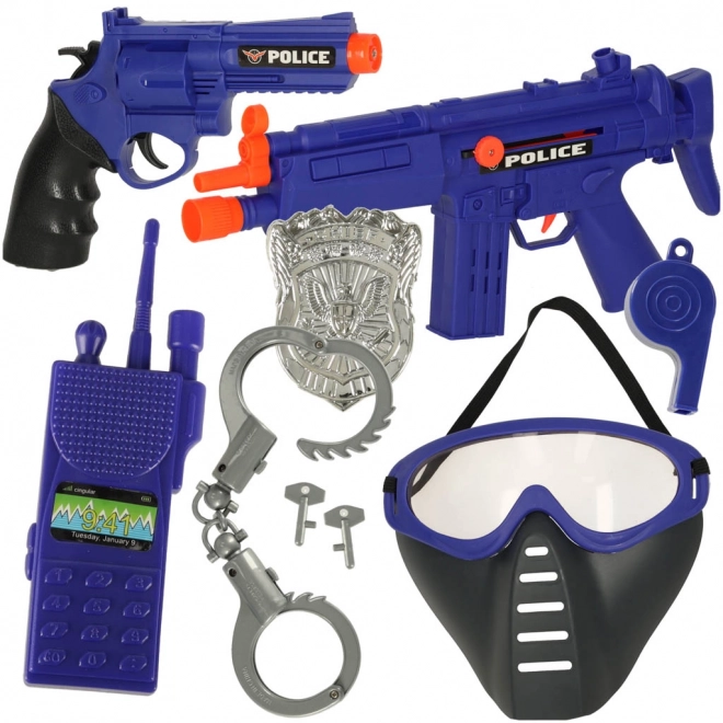 Set di gioco poliziesco con pistola, carabina, maschera e manette