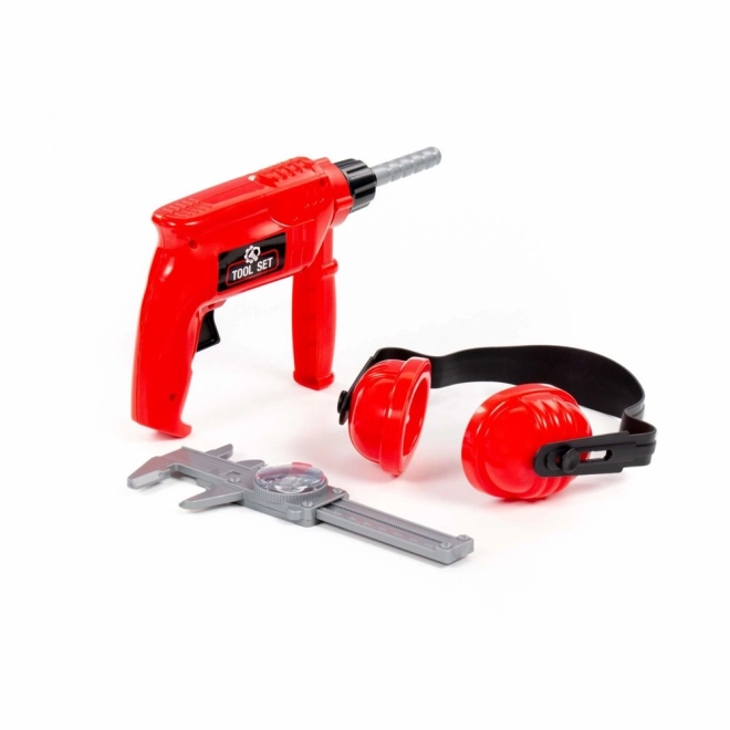 Red Tool Set Drill With Headphones And Caliper