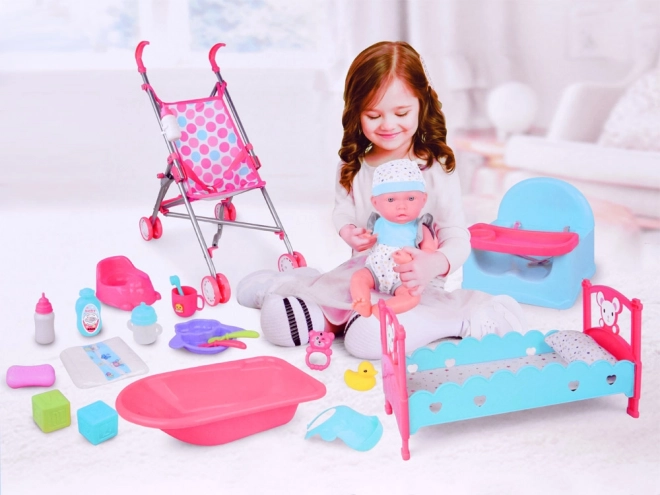 Baby Doll Set with Stroller, Cradle, and Bath Accessories