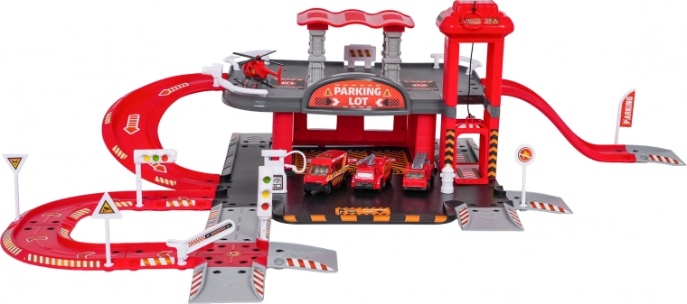 Two-story parking garage with manual elevator