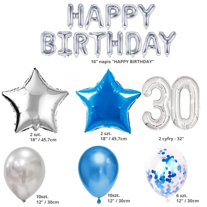 30th Birthday Silver Blue Balloon Set