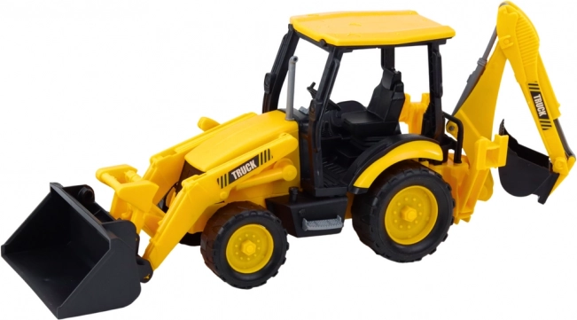 Escavatore gommato da costruzione con due benne mobili giallo