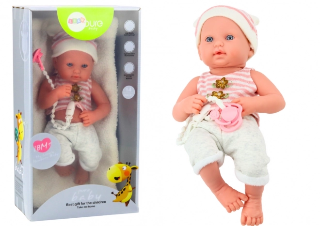 Baby Doll in White-Pink Outfit with Hat and Pacifier