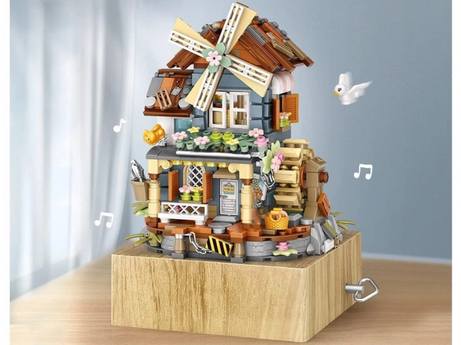 Creative Cute Blocks Build Windmill Music Box