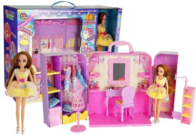 Wardrobe with Lighting and Mirror, Doll 26 cm, Clothing Set and Accessories
