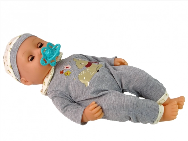 Interactive Baby Doll with Sounds and Accessories in Gray Pajamas