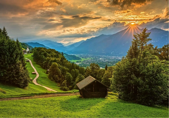 Sunset Over Mountain Village Puzzle