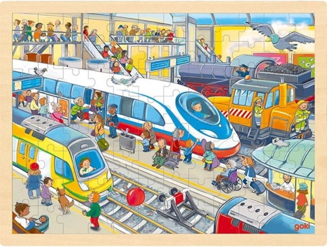 Goki dřevěné puzzle vlakové nádraží 96 dílků