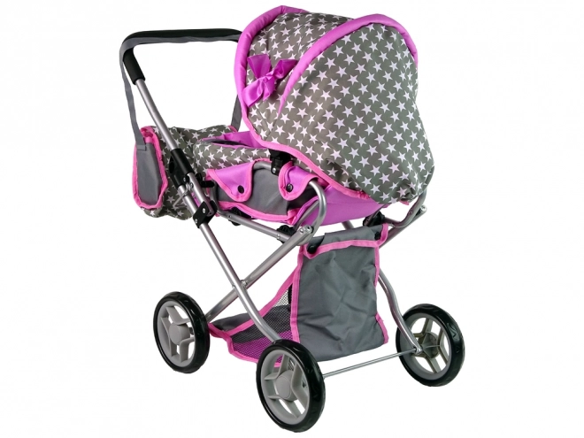 Doll Stroller with Bag Gray Pink Stars