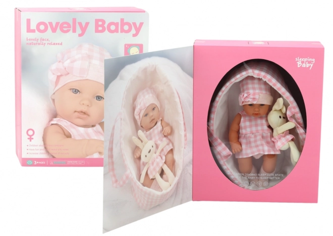 Baby Doll with Pink Checkered Outfit and Bunny Carrier