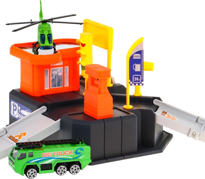 Two-level parking garage with helipad