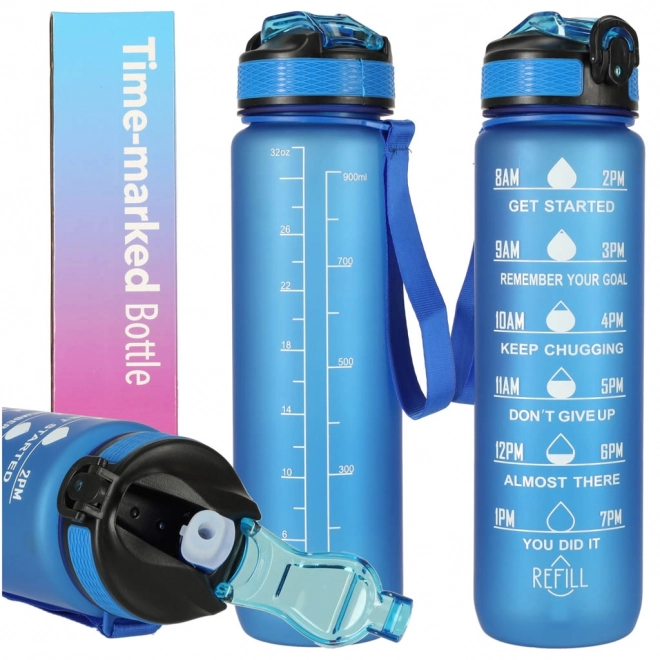 Motivational Water Bottle with Straw and Handle - 1L Blue