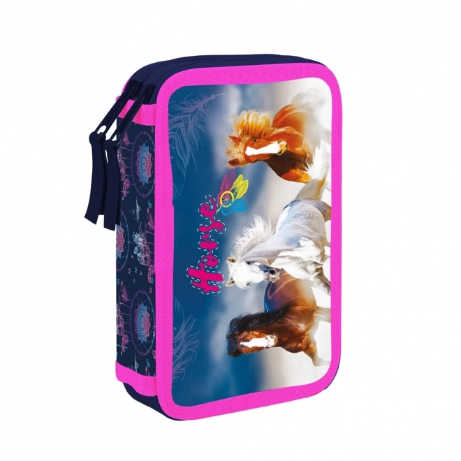 Two-Compartment Empty School Pencil Case with Horse Design