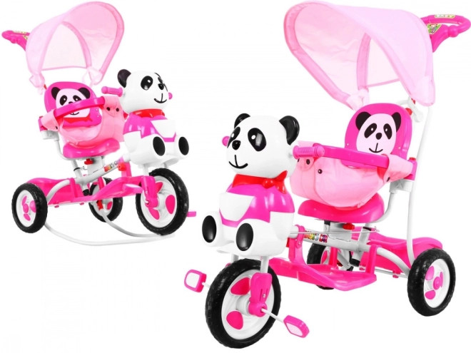 Dětské tříkolové kolo Panda + zvuky + stříška + zábrana + opěrka nohou + rukojeť + ližiny + úložný prostor – Růžové