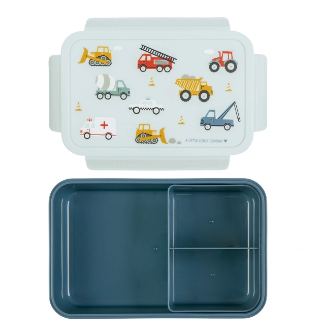 A Little Lovely Company lunchbox with vehicle design