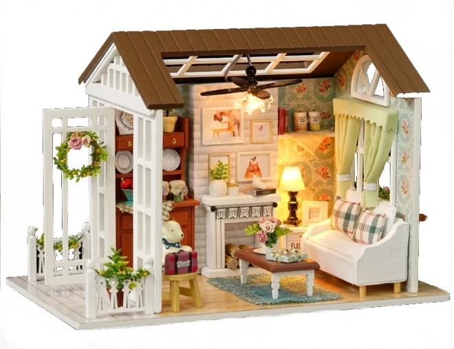 Wooden Dollhouse Living Room with LED Lights