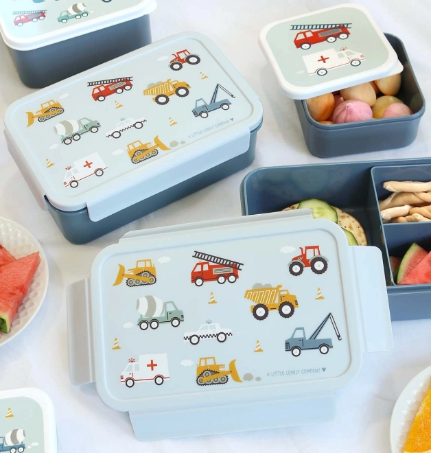 A Little Lovely Company lunchbox with vehicle design