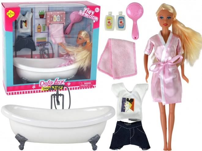 Doll with Long Blonde Hair and Pink Bathrobe