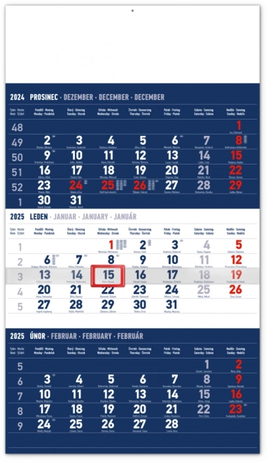 3-Month Wall Calendar with Czech Names 2025