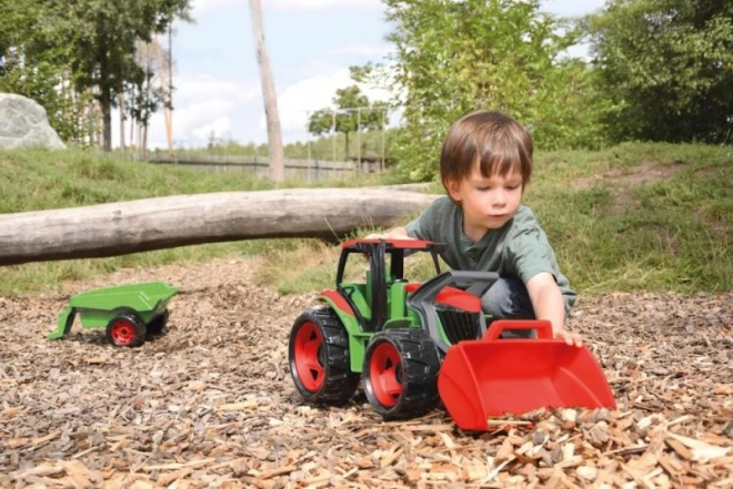 Red and Green Tractor with Loader and Trailer