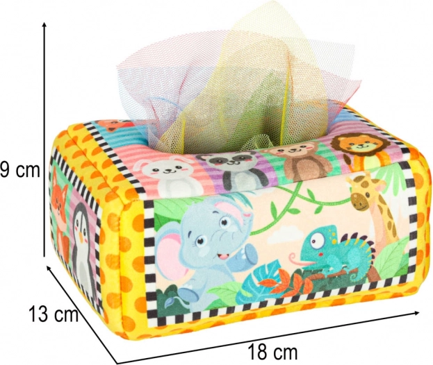 Boîte sensorielle Montessori avec mouchoirs colorés et animaux