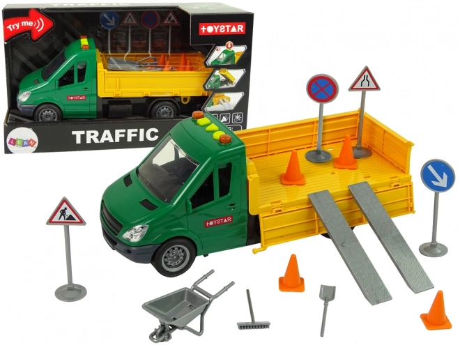 Friction-Powered Dump Truck with Sound and Road Accessories