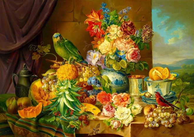 Josef Schuster Still Life with Flowers, Fruit and Parrot Jigsaw Puzzle 1000 Pieces