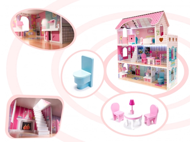 wooden dollhouse with pink LED lights