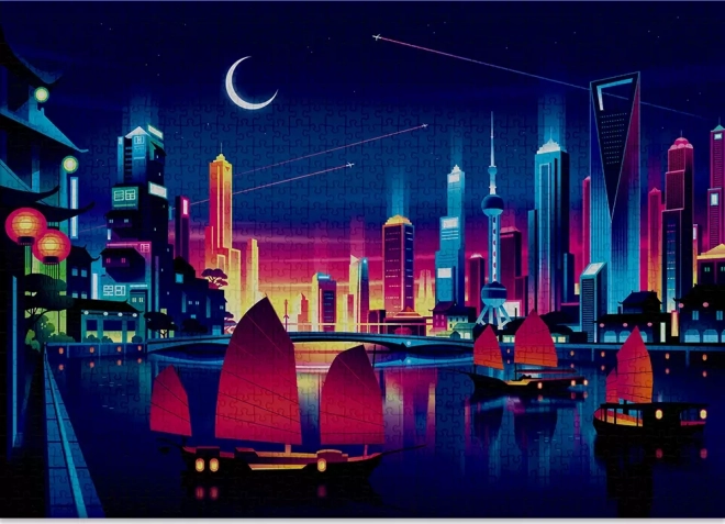 Cloudberries Skyline Puzzle with Neon Night Scene