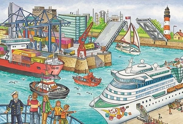 Lively harbor and shipping traffic