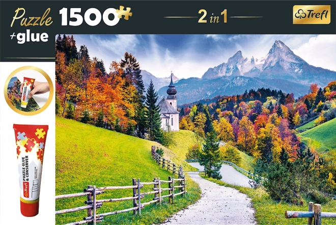 Trefl 2-in-1 Puzzle Set Church of Maria Gern, Bavaria 1500 Pieces with Glue