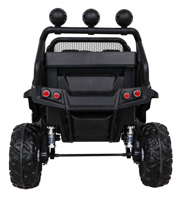 Mercedes Benz Unimog pro děti černý + pohon 4x4 + dálkové ovládání + zavazadlový prostor + pomalý start + MP3 LED