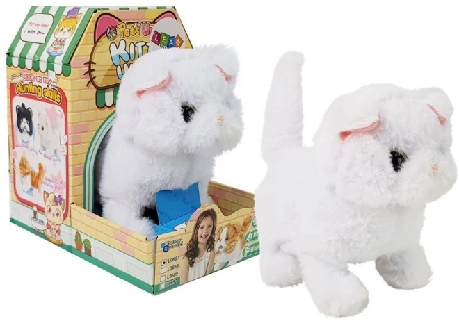 Interactive white Persian cat walks with tail on battery
