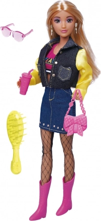 Doll in a denim skirt with accessories 30 cm