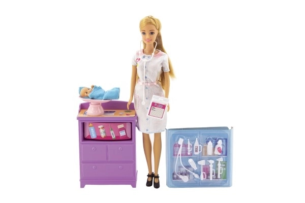 Bábika Anlily detská doktorka kĺbová 30cm plast s bábätkom s doplnkami v krabici 24x32x6cm