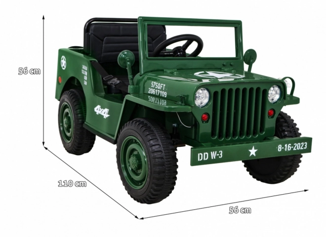 Retro military car for kids green + 4x4 drive + remote control + 2 luggage carriers + slow start + MP3 LED
