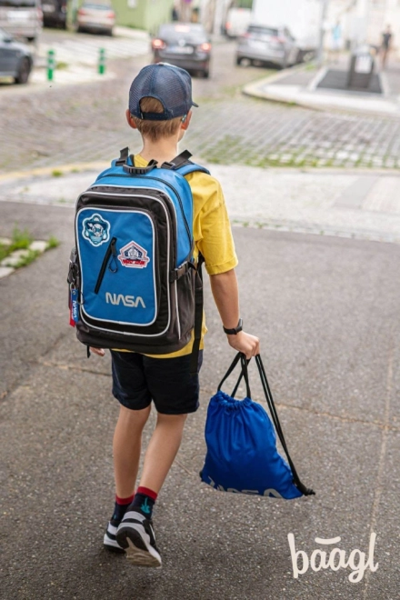 Baagl drawstring backpack with glowing NASA logo