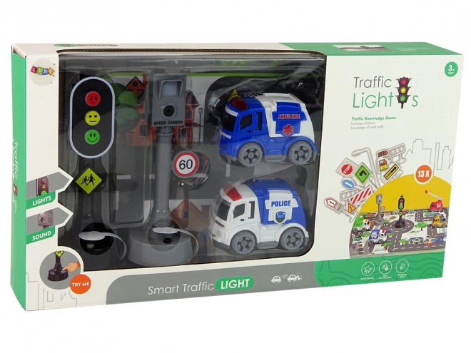 Toy Car Set with Traffic Lights and Road Signs