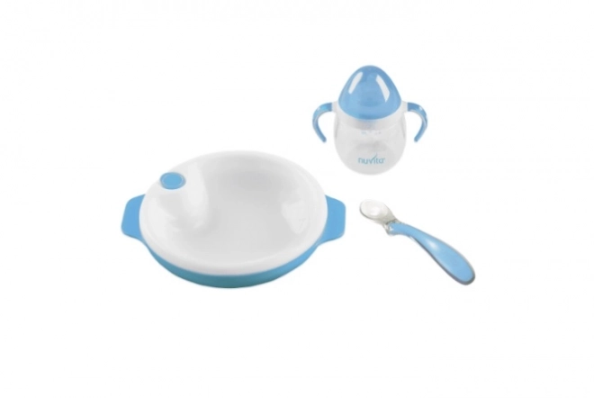 Thermal Plate Set with Silicone Spoon and Cup - Pastel Blue