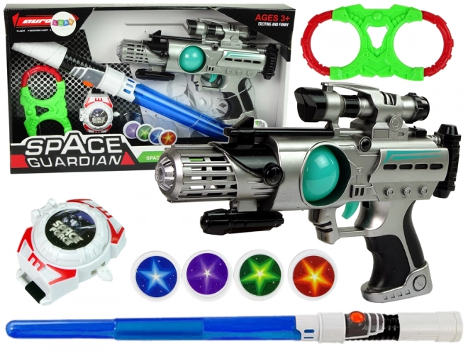 Cosmic Warrior Set with Laser Gun, Light Saber, Handcuffs, and Disk Launcher